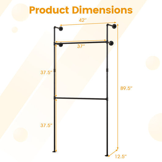 Wall Mounted Pipe Clothing Rack with 2 Hanging Rods-Black W2B