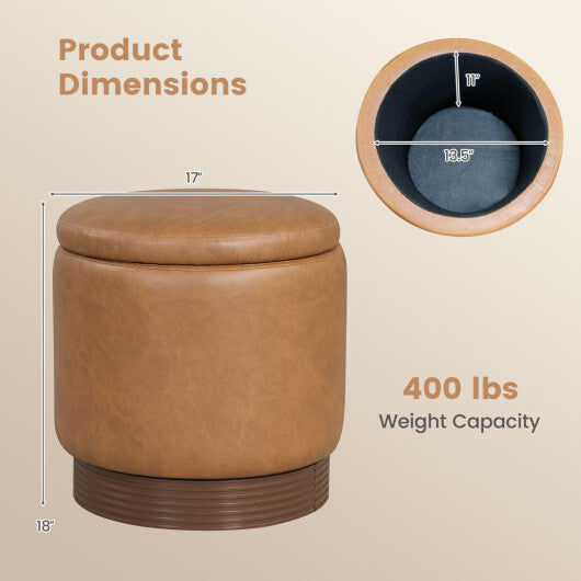 Round Storage Ottoman with Acacia Wood Frame for Living Room and Bedroom-Brown W2B