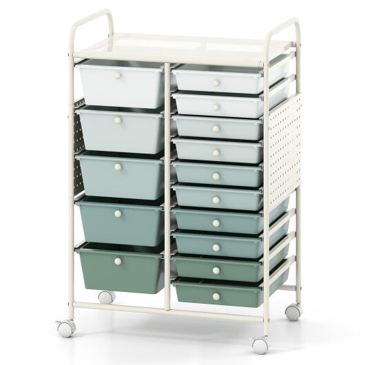 15-Drawer Rolling Storage Cart with Metal Tabletop and Pegboard-White W2B