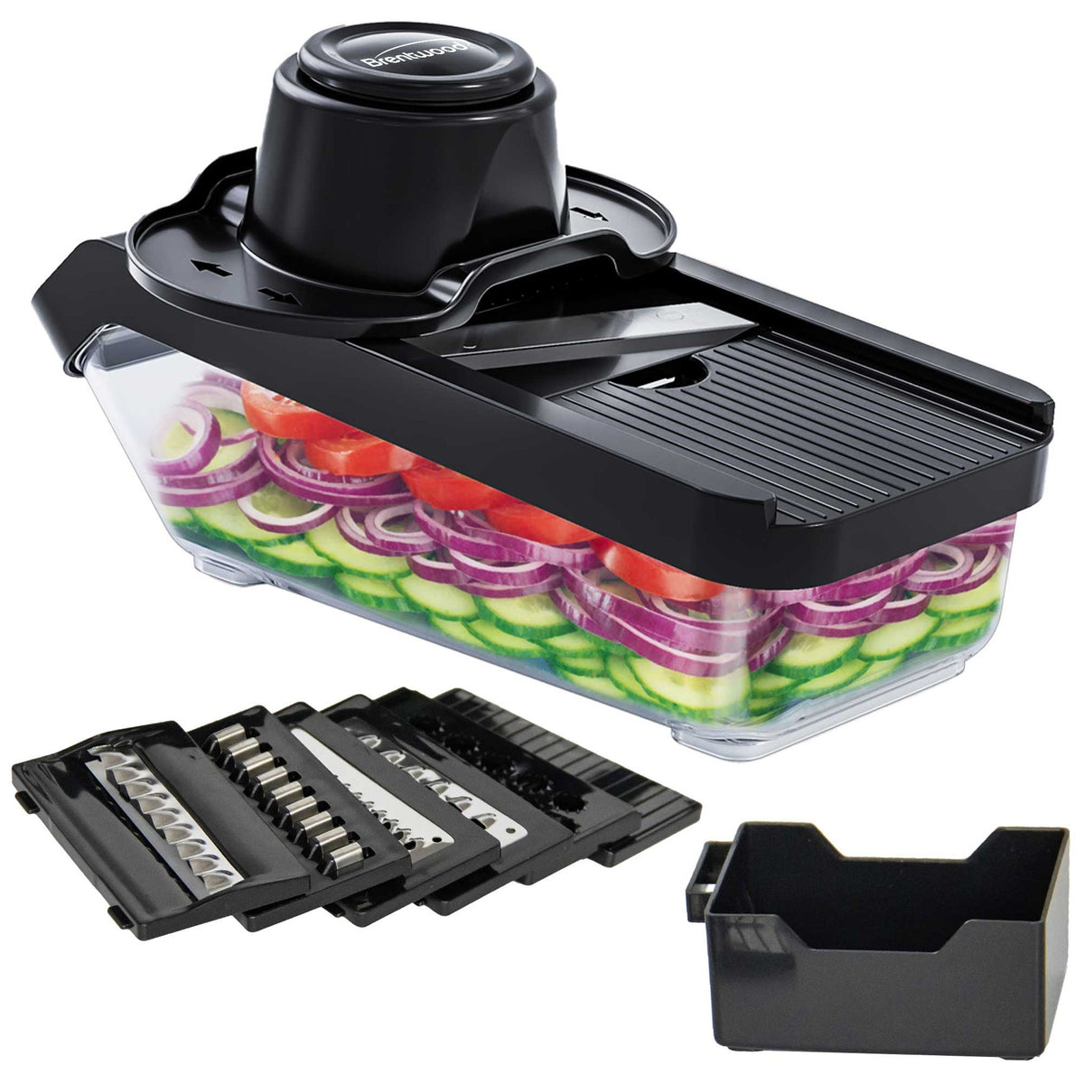 Brentwood 3.6 Cup Mandolin Slicer and Cheese Grater in Black with 6 Interchangeable Blades W2B