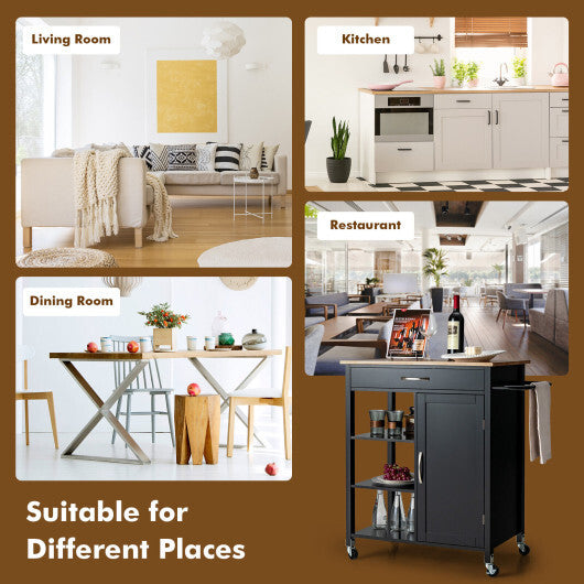 Mobile Kitchen Island Cart with Rubber Wood Top-Brown