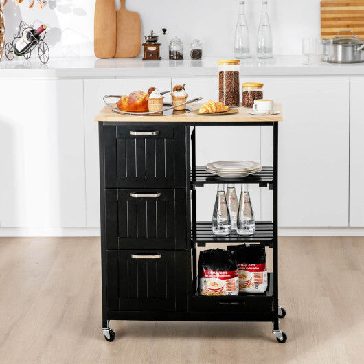 Kitchen Island Cart on Wheels with Rubber Wood Top and 3 Drawersand Removable Tray-Gray W2B