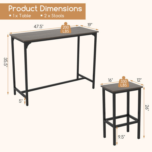 Industrial 3-Piece 47.5" Counter-Height Dining Table and 2 Bar Stools-Coffee W2B