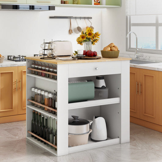 Modern Kitchen Island with Rubber Wood Countertop and Storage-White W2B