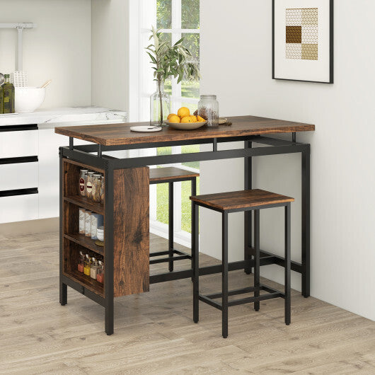 3 Pieces Dining Table Set with 3-Tier Storage Shelf and Metal Frame-Brown W2B