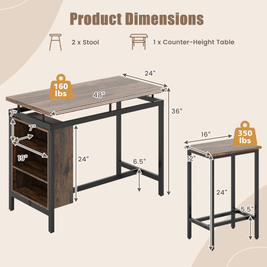 3 Pieces Dining Table Set with 3-Tier Storage Shelf and Metal Frame-Brown W2B