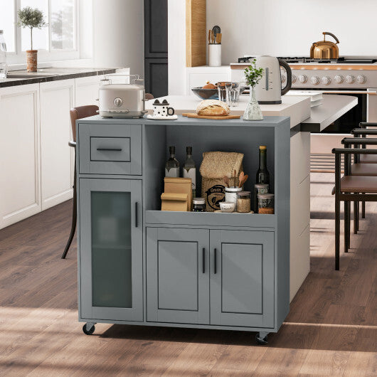 Rolling Kitchen Island with Wheels Drawer and Glass Door Cabinet-Gray W2B