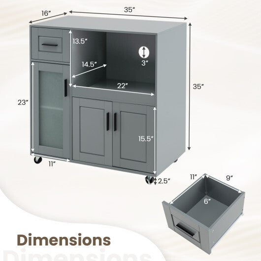Rolling Kitchen Island with Wheels Drawer and Glass Door Cabinet-Gray