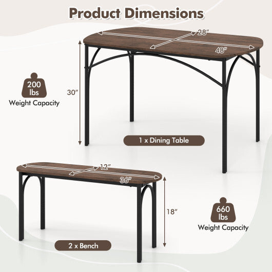 3-Piece Dining Table Set for 4 with Metal Frame-Brown W2B