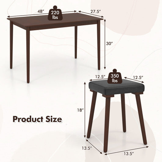 5 Piece Dining Table Set for 4 with 4 Upholstered Stools and Rubber Wood Legs-Brown W2B