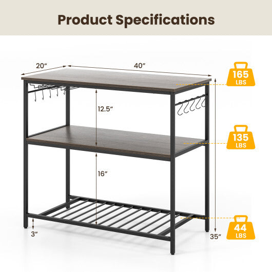 Kitchen Island with 3 Shelves Wine Glass Holders and 10 Hooks-Gray W2B