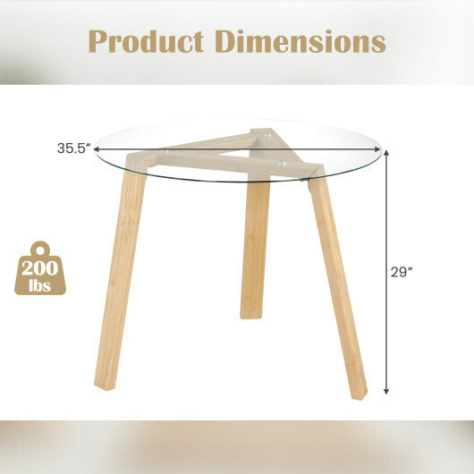 36 Inches Round Glass Dining Table for 4 with Rubber Wood Frame-Natural W2B