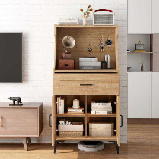Coffee Bar Cabinet with Pegboard Storage Drawer and Adjustable Shelf-Oak W2B