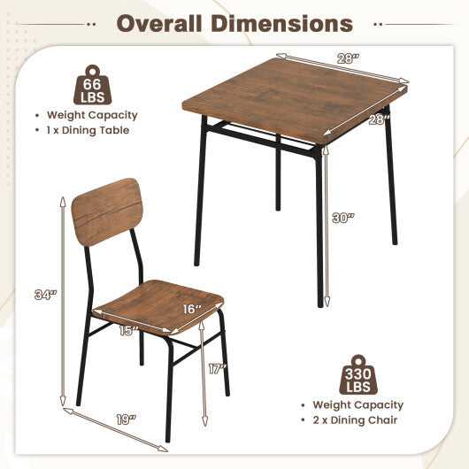 3 Piece Dining Table Set for 2 Wood Square Table with Metal Frame-Brown W2B