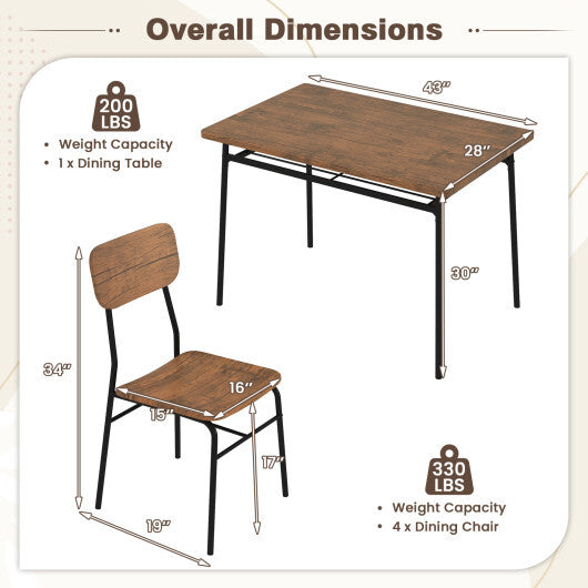 5-Piece Table Set for 4 with Metal Frame and Storage Rack-Brown W2B