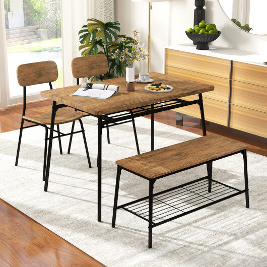 4 Piece Dining Table Set for 4 Metal Frame with Bench and 2 Chairs-Brown W2B