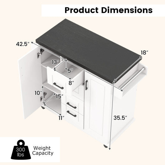 Rolling Kitchen Island Cart on Wheels with Storage Cabinets-White