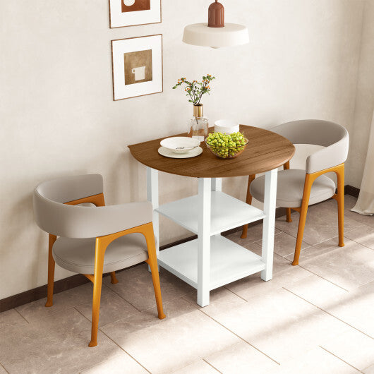 Folding Round Dining Table Drop Leaf Table with 2 Shelves for Small Spaces-White W2B