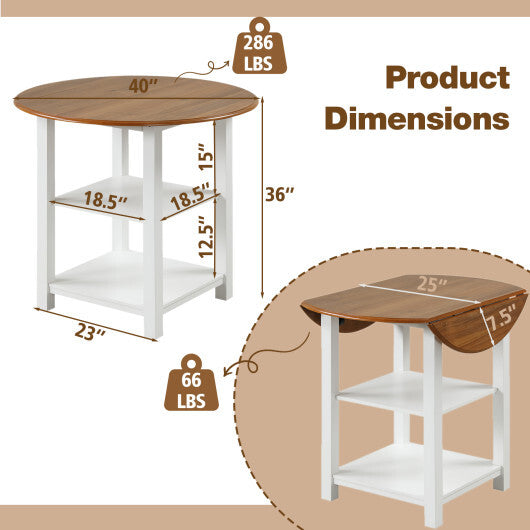 Folding Round Dining Table Drop Leaf Table with 2 Shelves for Small Spaces-White W2B