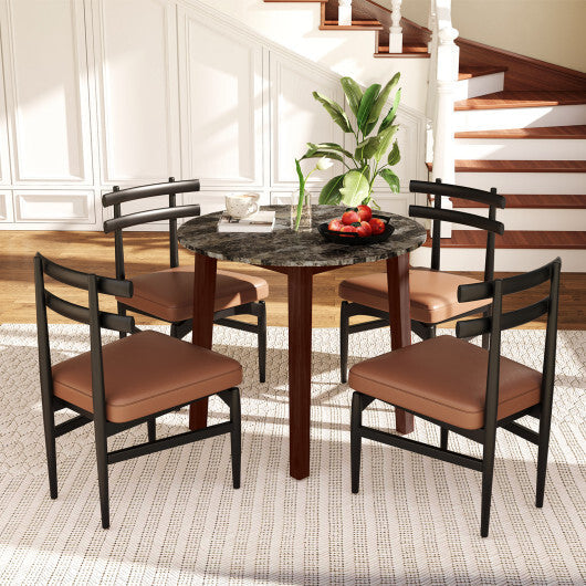 35 Inch Round Dining Table with Rubber Wood Legs and Marble-textured Veneer Tabletop-Brown W2B