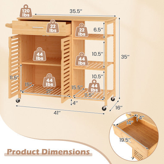 Kitchen Island Cart on Wheels with Sturdy Bamboo Frame-Natural W2B