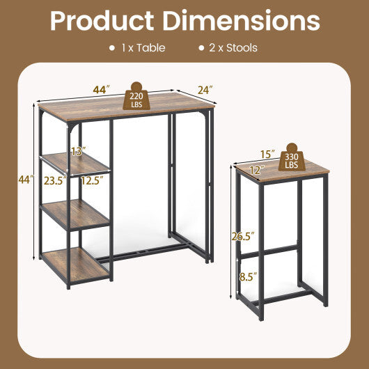 3-Piece Bar Table Set for 2 Bar-Height Dining Table with 2 Stools-Rustic Brown W2B