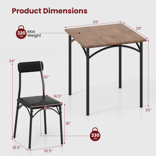 3-Piece Dining Table Set Square Kitchen Table and 2 Chairs for Dining Room-Rustic Brown W2B