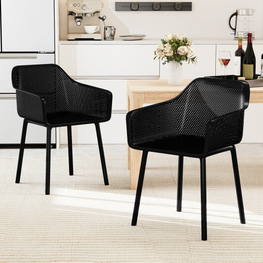 Modern Plastic Dining Chairs Set of 2 Kitchen Armchairs with Breathable Mesh Backres-Black W2B