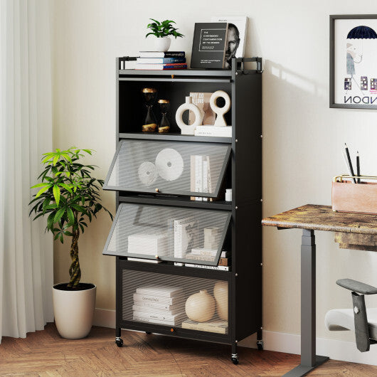 5-Tier Kitchen Storage Cabinet with 4 Flip-up PC Doors Adjustable Feet and Rolling Wheels-White W2B