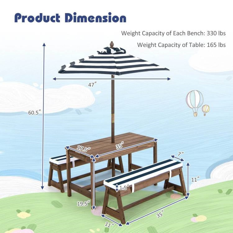 Kids Outdoor Wooden Picnic Table Bench Chairs Cushions Umbrella Set Navy/White FastFurnishings