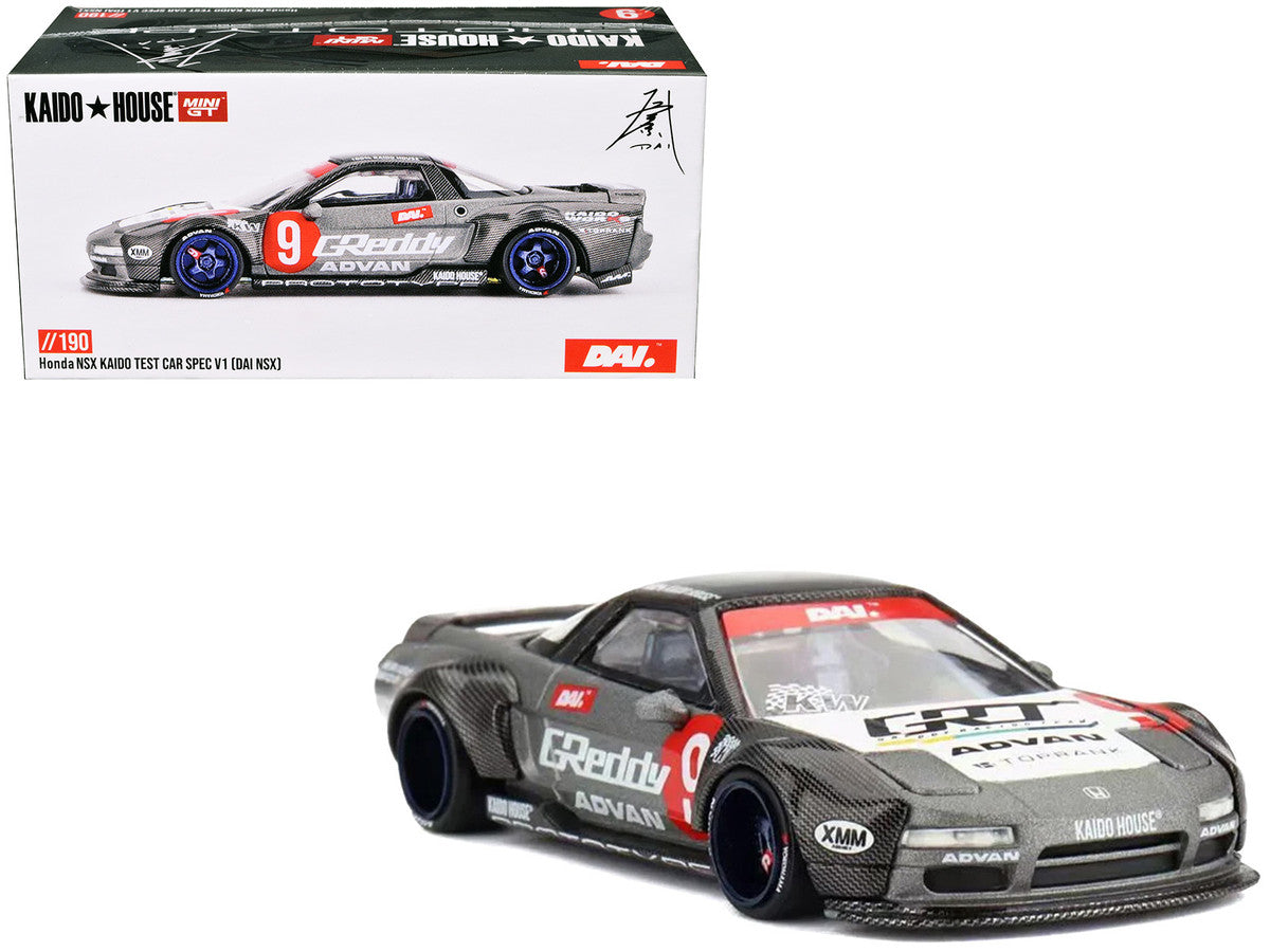 Honda NSX "Kaido Test Car Spec V1" #9 Gray Metallic with Carbon Top and Graphics (Designed by Jun Imai) "Kaido House" Special 1/64 Diecast Model Car by Mini GT-4