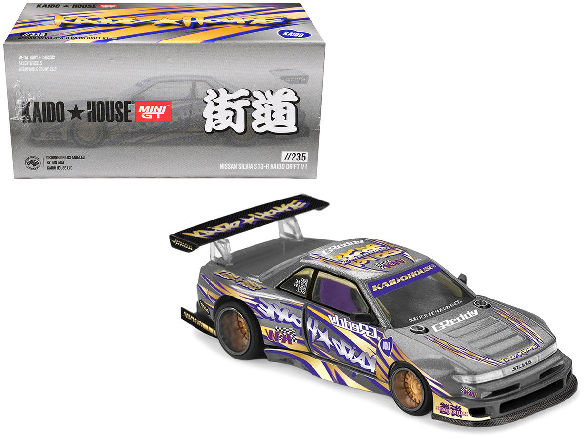 Nissan Silvia S13-R "Kaido Drift V1" RHD (Designed by Jun Imai) Gray Metallic with Graphics "Kaido House" Special 1/64 Diecast Model Car by Mini GT-4