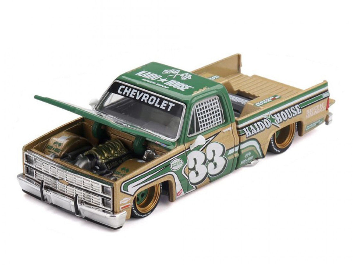 Chevrolet Silverado Pickup Truck #33 "Kaido Intimidator V2" Green and Gold with Graphics (Designed by Jun Imai) "Kaido House" Special 1/64 Diecast Model Car by Mini GT Mini GT
