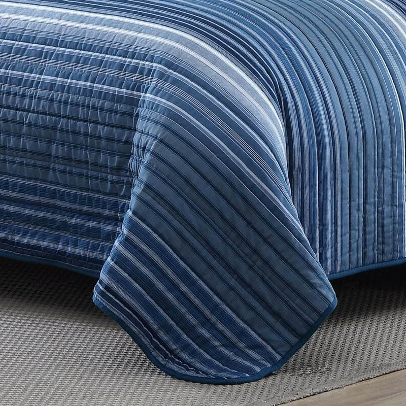 King Size Coastal Blue Stripe Reversible Cotton Quilt Set FastFurnishings