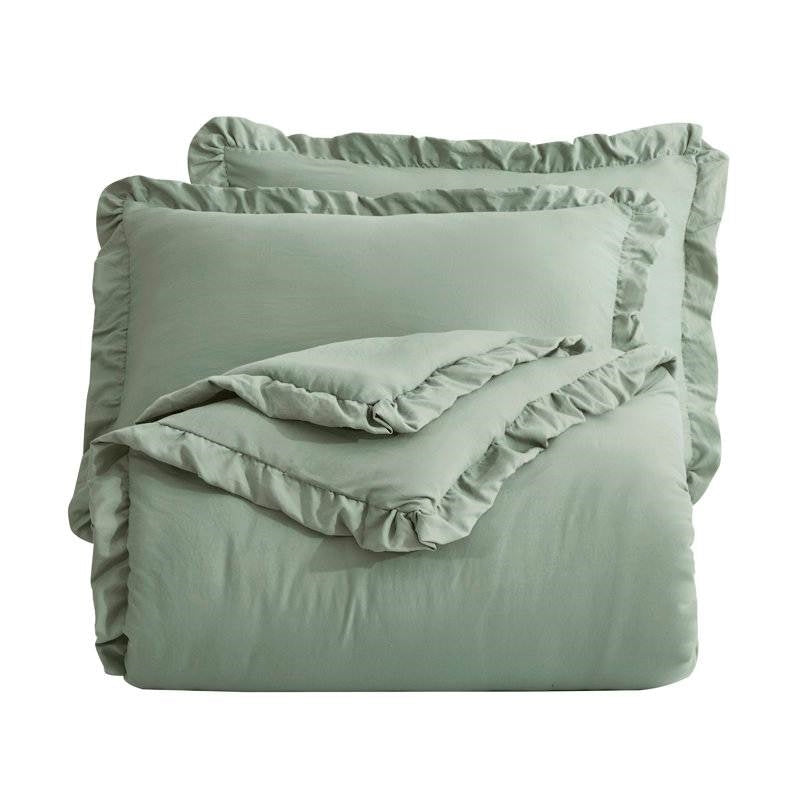 Oversized King Sage Microfiber 3-Piece Comforter Set with Ruffled Edge Trim FastFurnishings