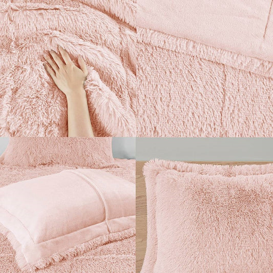 King/CAL King Pink Blush Soft Sherpa Faux Fur 3-Piece Comforter Set with Shams FastFurnishings
