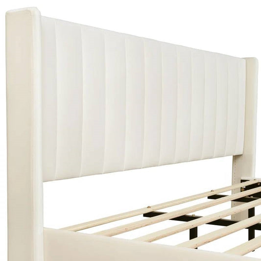 King Mid-Century Platform Bed Frame with Cream Velvet Upholstered Headboard-1