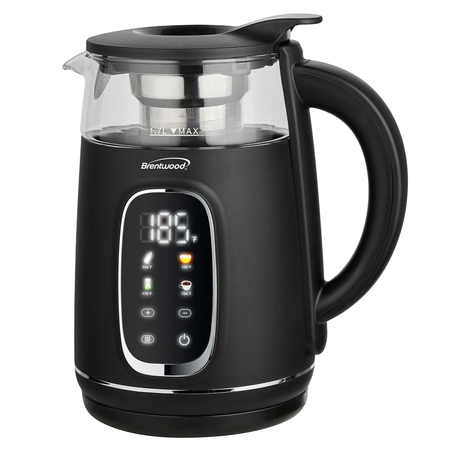 Brentwood 1.7L 1100W BPA Free 360 Cordless Digital Glass Electric Kettle in Black with Tea Infuser W2B