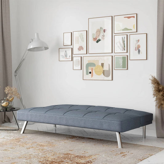 Modern Futon Sofa Bed in Light Gray Fabric with Chrome Metal Legs-1