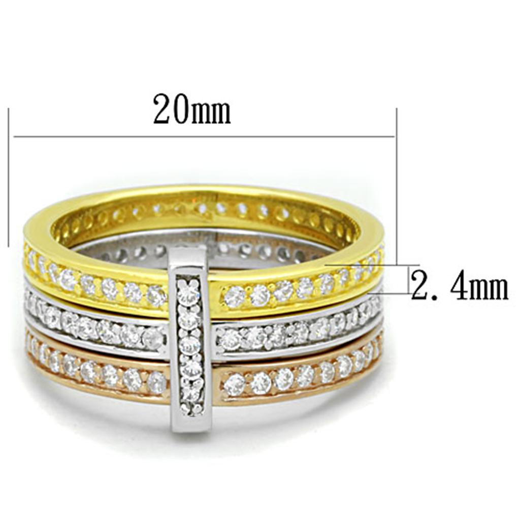 LOS811 - Rhodium + Gold + Rose Gold 925 Sterling Silver Ring with AAA Grade CZ in Clear Alamode