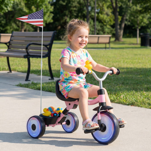 Glowing Wheels Toddler Tricycle Foldable Kids Trike with Basket and Duck Bell W2B