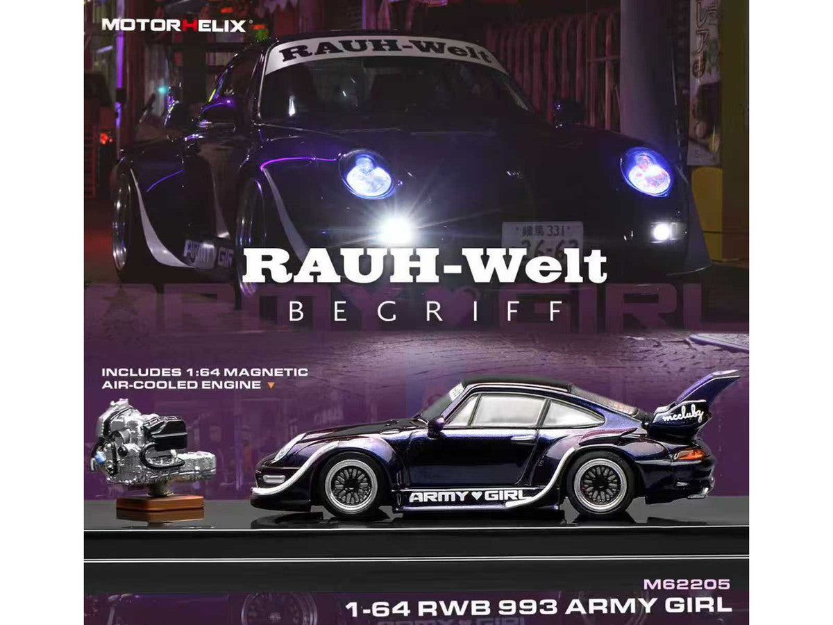 RWB 993 "Army Girl" Blue Metallic with White Accents and Display Engin 1/64 Diecast Model Car by MotorHelix Motorhelix