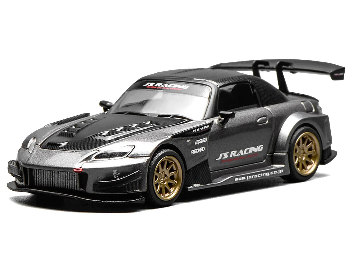 Honda S2000 RHD (Right Hand Drive) "J's Racing" Moon Rock Gray Metallic with Carbon Hood and Top 1/64 Diecast Model Car by MotorHelix Motorhelix