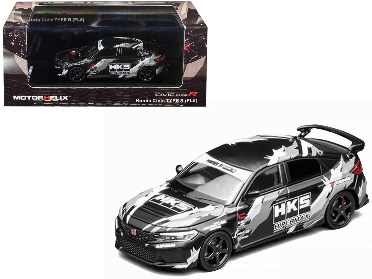 Honda Civic Type R (FL5) RHD (Right Hand Drive) "HKS" Matt Black with Graphics 1/64 Diecast Model Car by MotorHelix-4