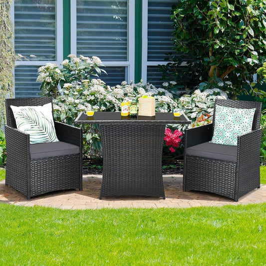 3-Piece Outdoor Patio Furniture Bistro Dining Set in Brown Grey PE Rattan FastFurnishings