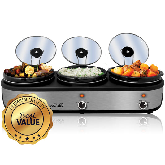 MegaChef Triple 2.5 Quart Slow Cooker and Buffet Server in Brushed Silver and Black Finish with 3 Ceramic Cooking Pots and Removable Lid Rests W2B