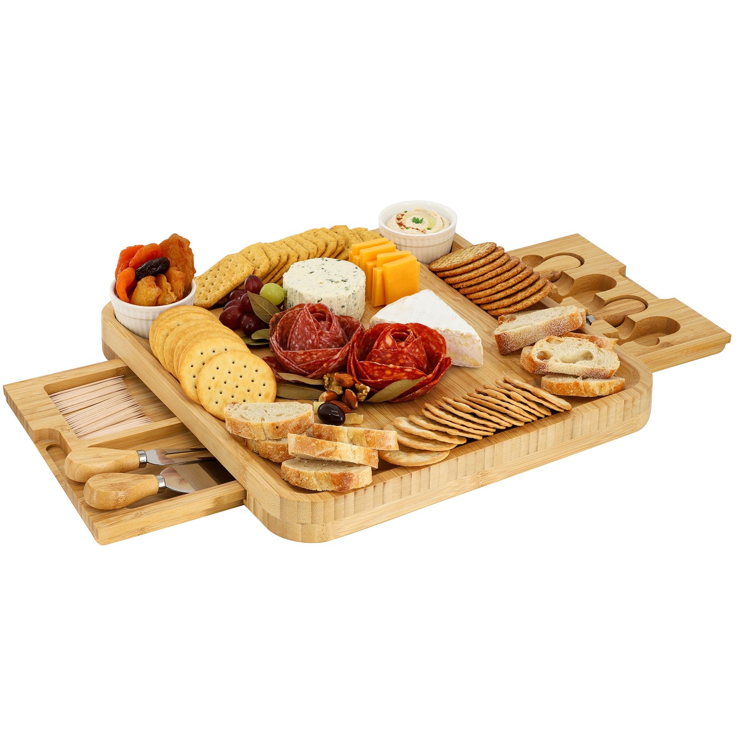 MegaChef Bamboo Charcuterie Cheese Board Set with Ramekins and Slide Out Cutlery Drawer W2B