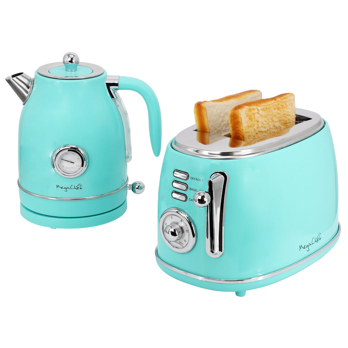 MegaChef 1.8 Quart Electric Tea Kettle and 2 Slice Toaster Combo in Turquoise W2B