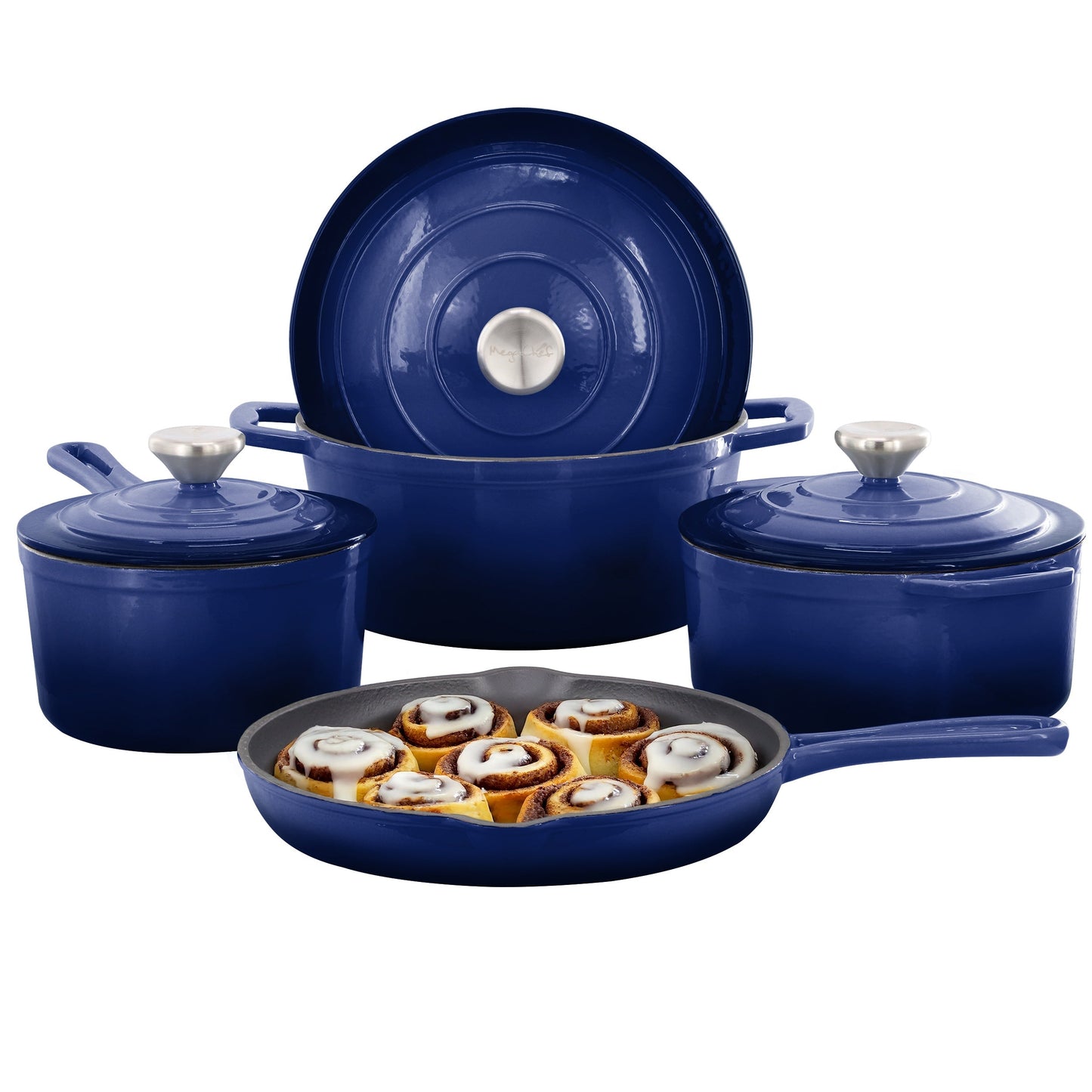 MegaChef 7 Piece Enameled Cast Iron Cookware Set in Blue W2B