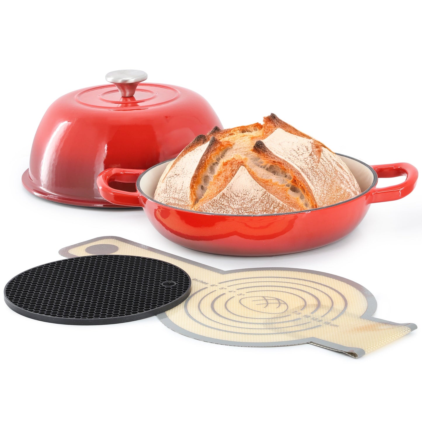 MegaChef 6 Quart Enameled Cast Iron Bread Pot in Red with Baking Mat W2B